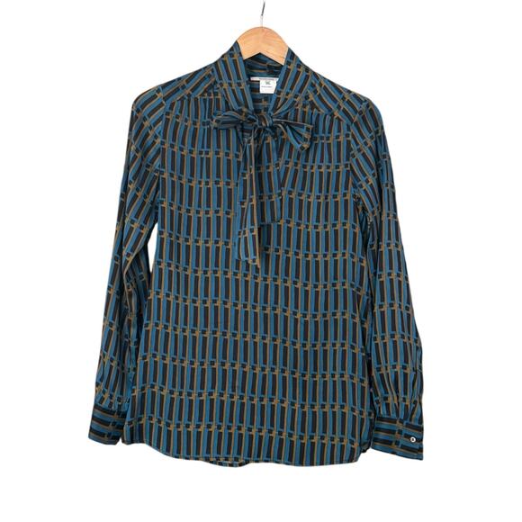 Gerard Darel Coquette Silk Blouse Bow Tie FR38 Geometric Teal Black Dark Gold - Picture 1 of 8
